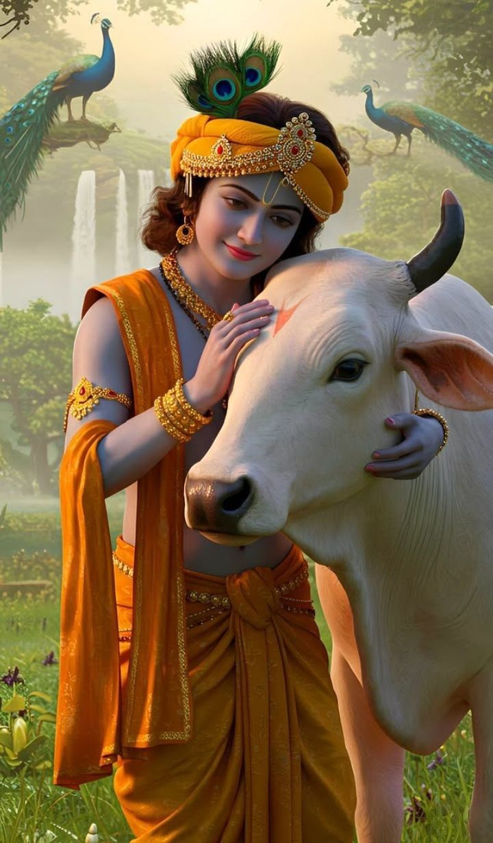 Krishna with cow and peacock feather.