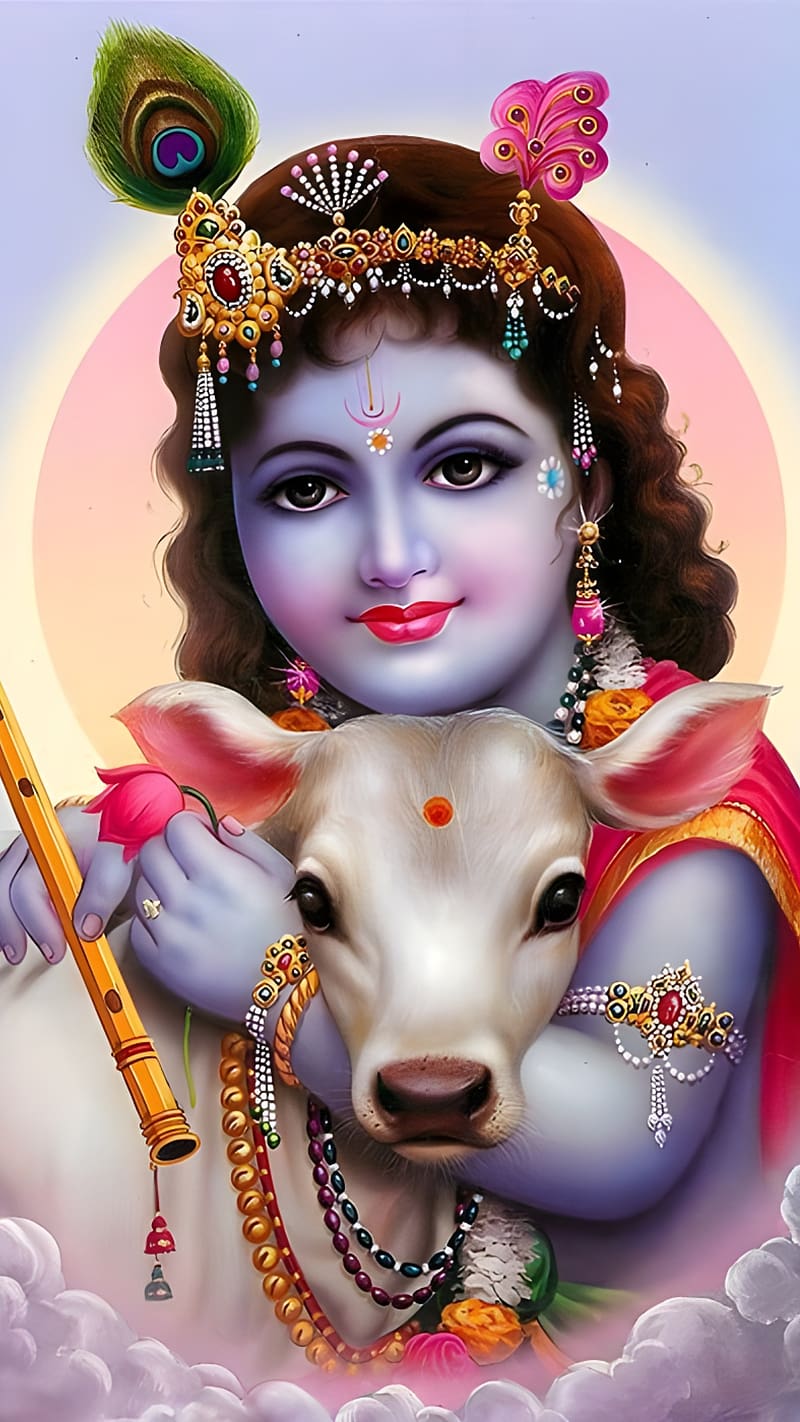 Lord Krishna with flute and cow