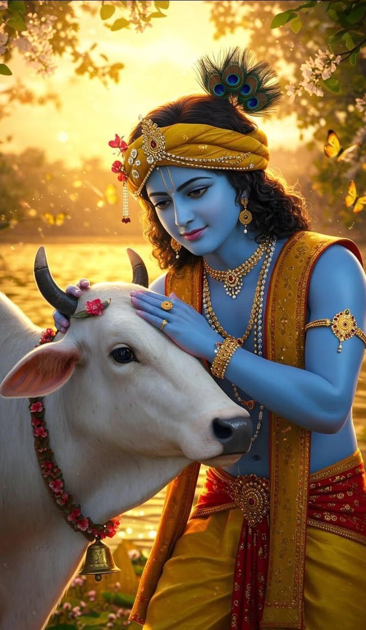 Krishna lovingly embracing a sacred cow