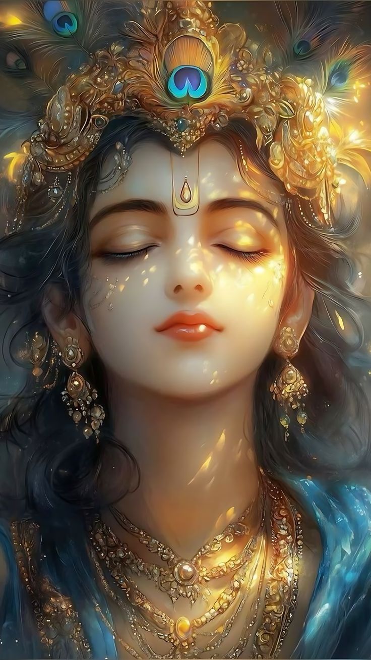 Peaceful Krishna portrait with peacock feather