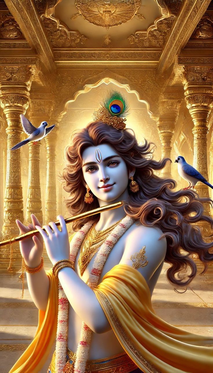 Krishna playing flute in golden palace
