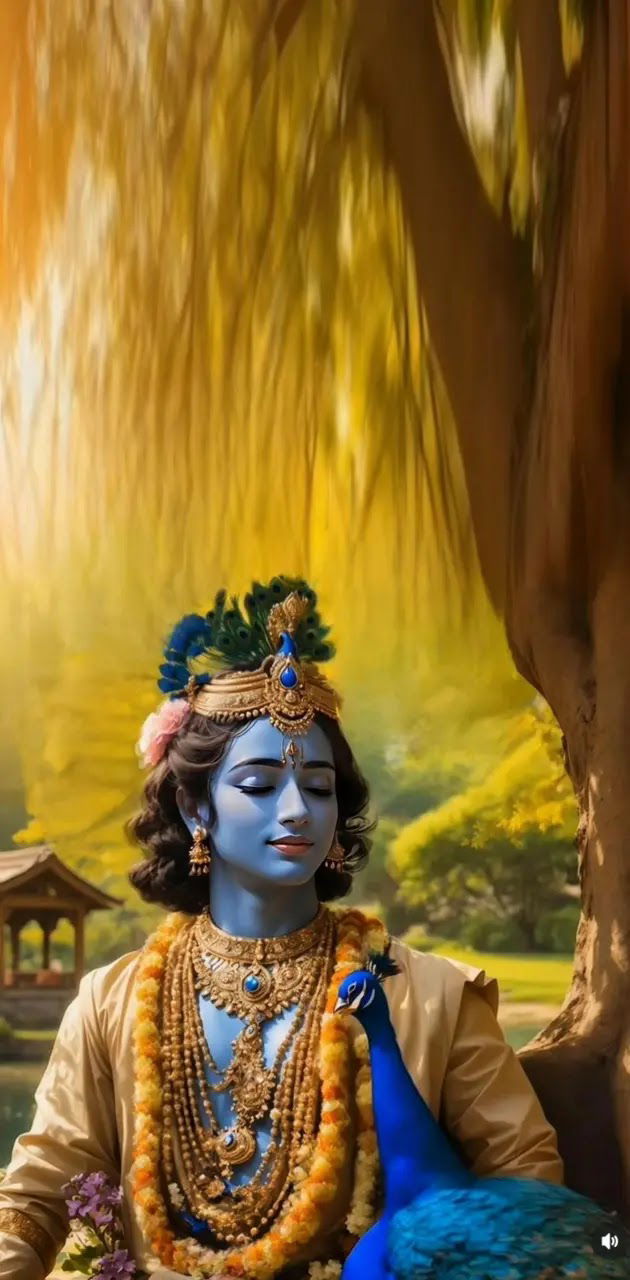 Serene krishna portrait with flute and peacock
