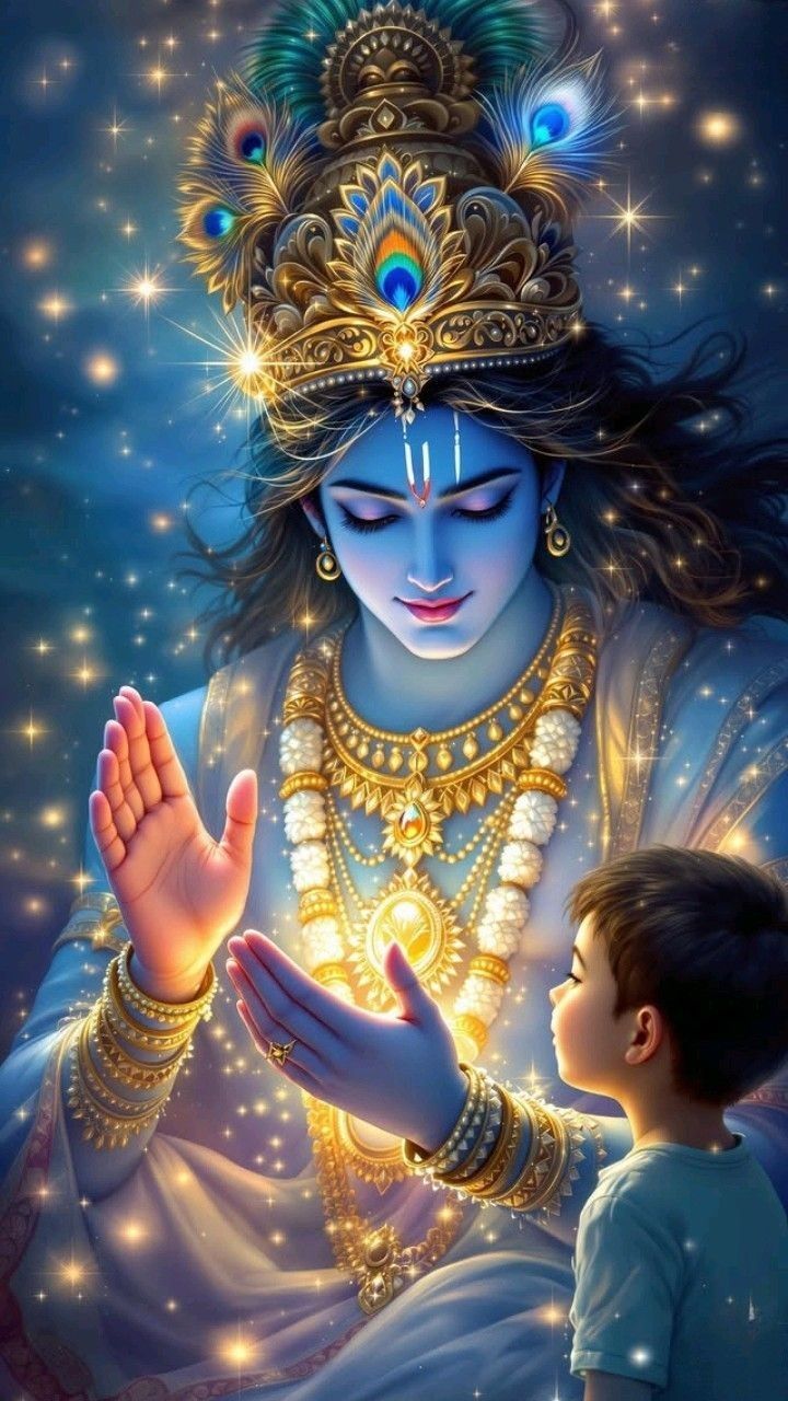 Lord Krishna blessing a young devotee.