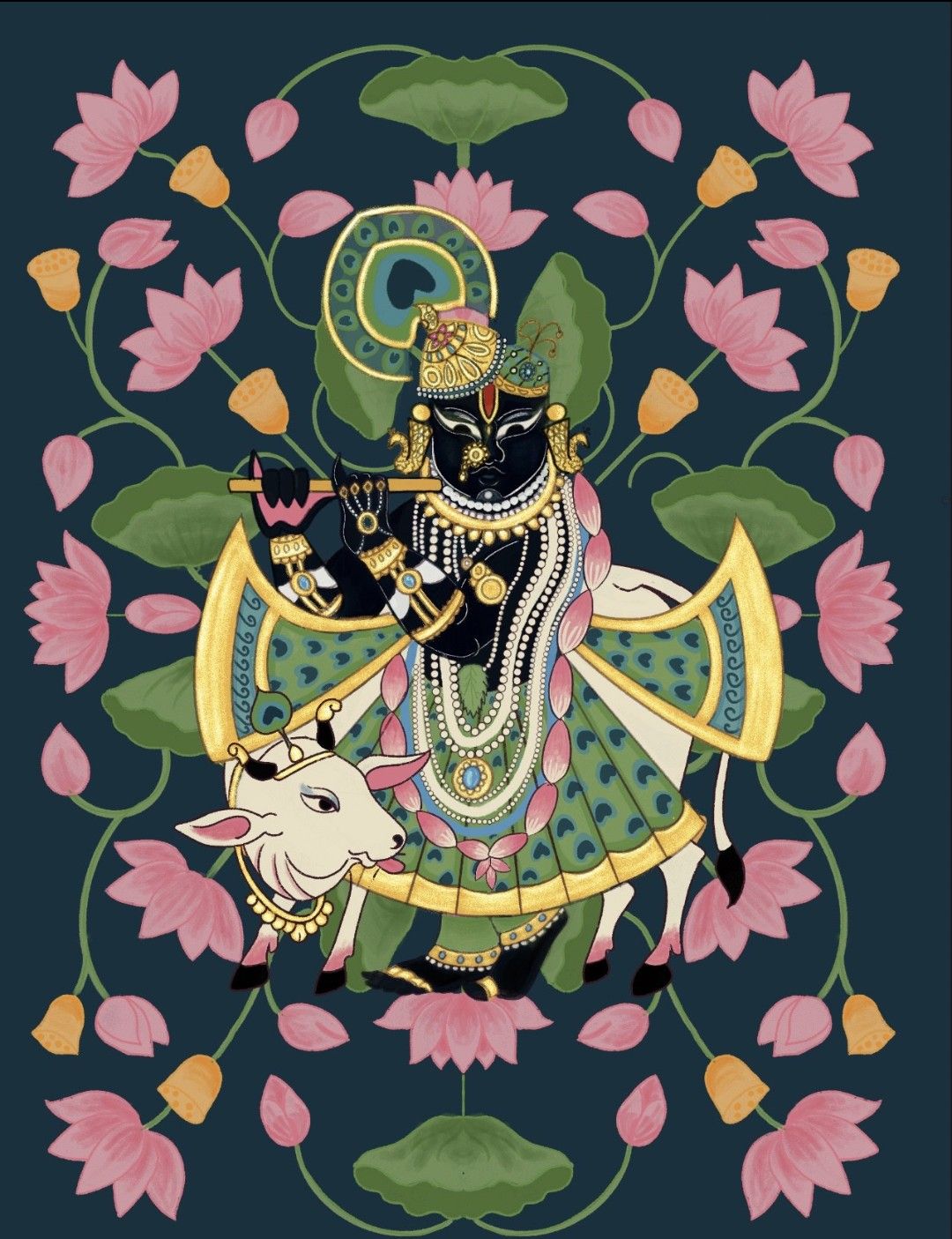 Krishna playing flute with lotus blossoms