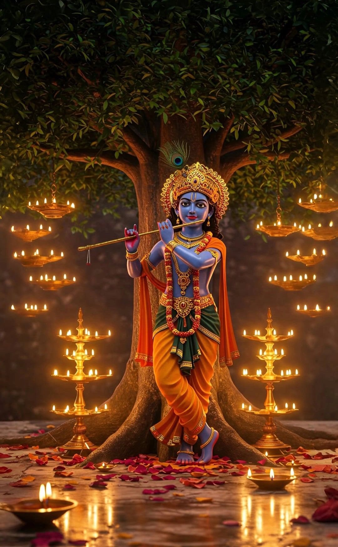 Krishna playing flute under illuminated tree