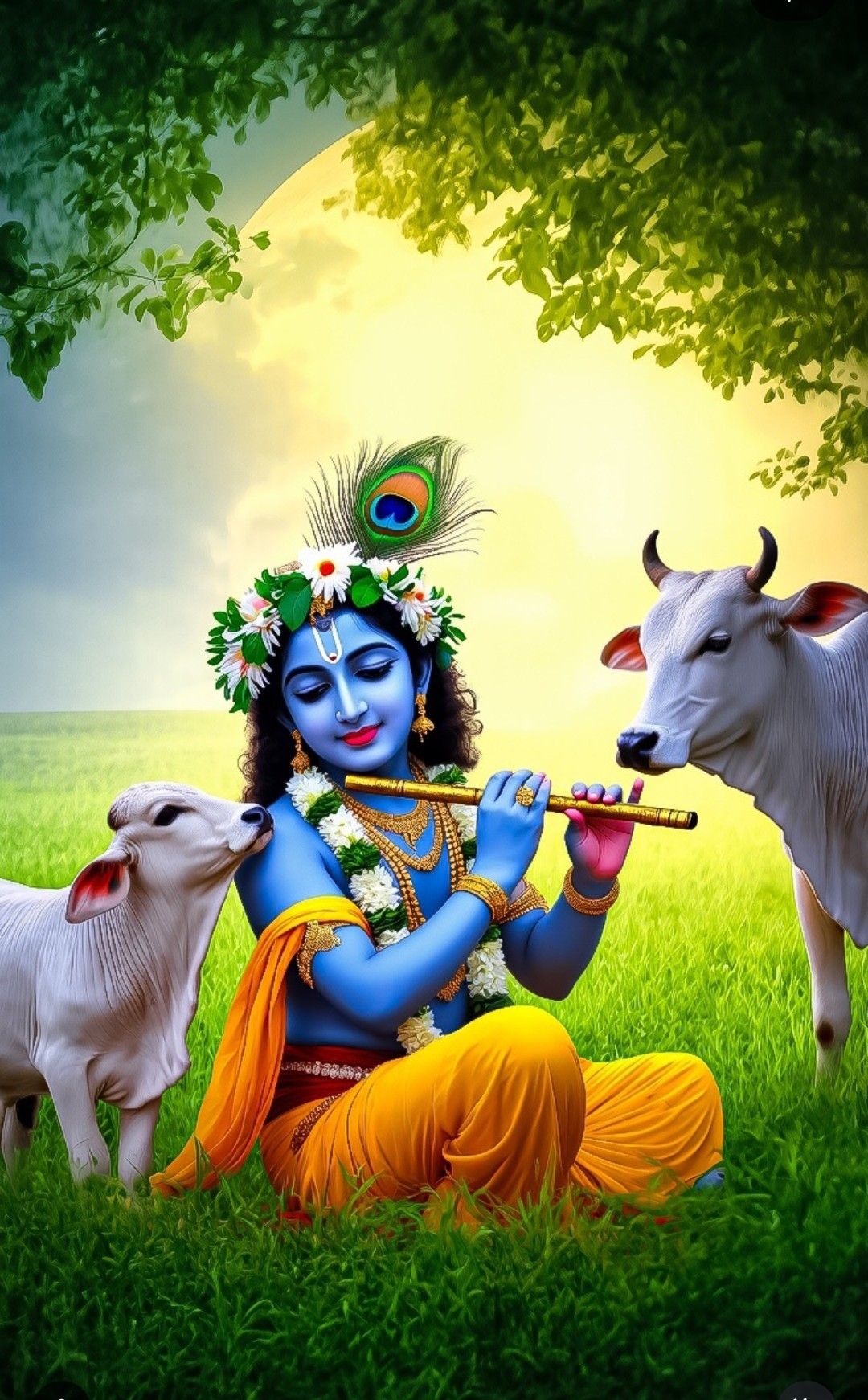 Krishna playing flute with cows.