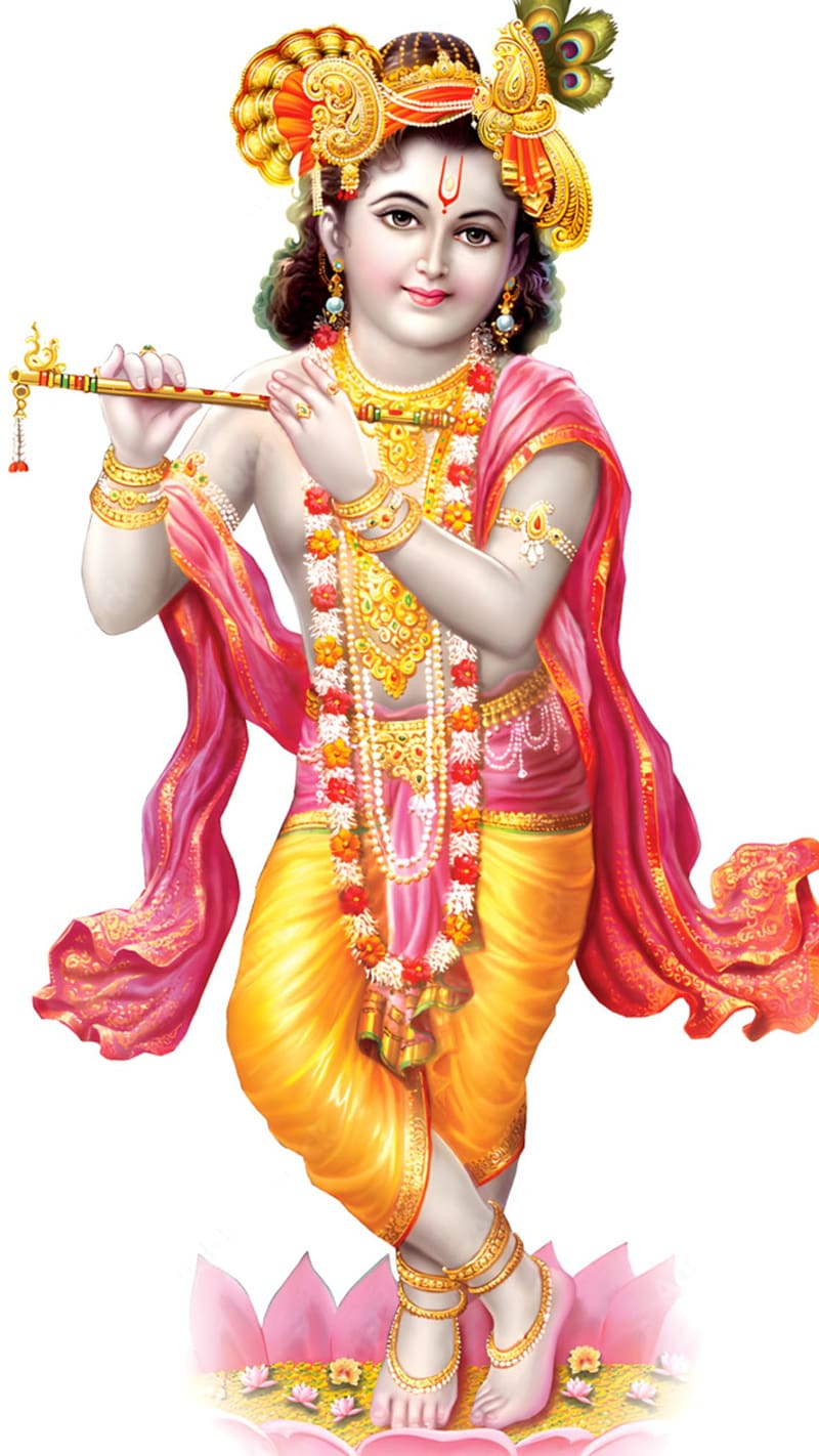 Lord Krishna playing a flute on lotus