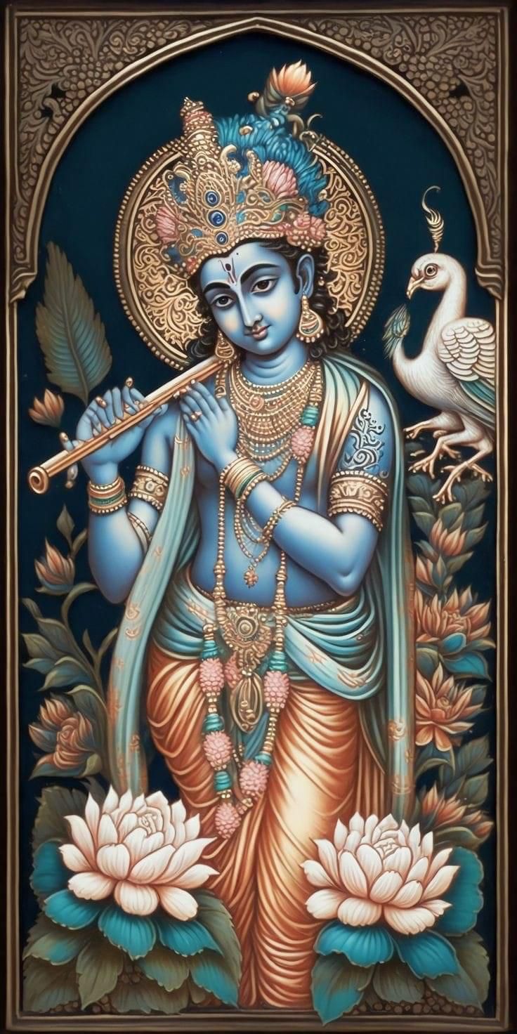 Blue-skinned Krishna playing the flute.