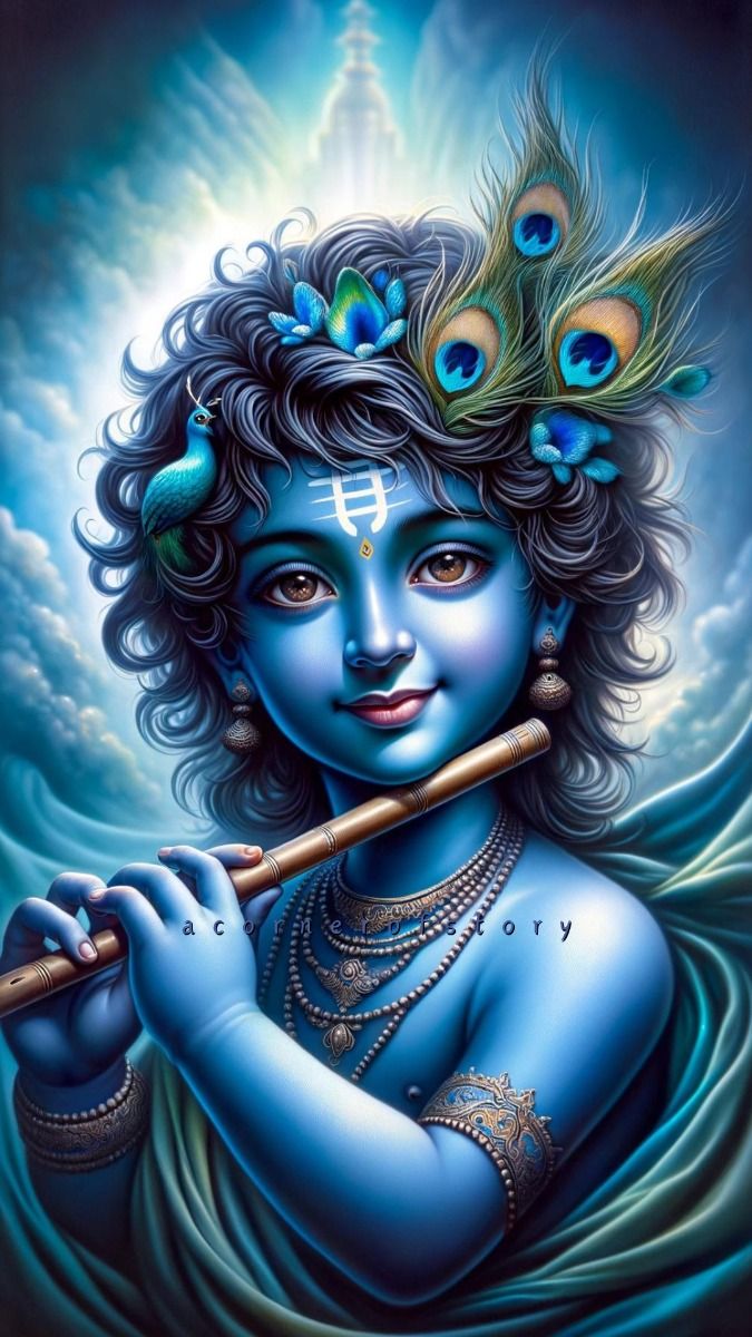 Baby Krishna playing a flute, divine portrait