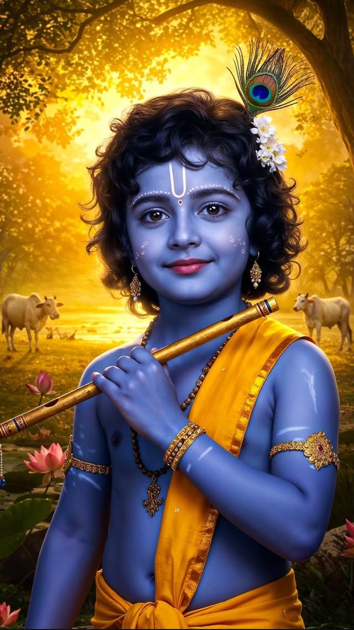 Baby Krishna playing a flute in forest
