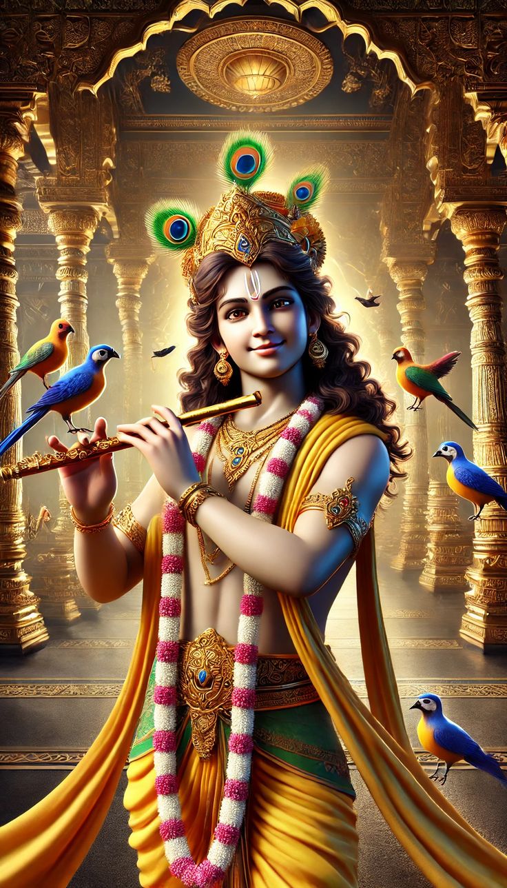 Krishna playing flute with birds.