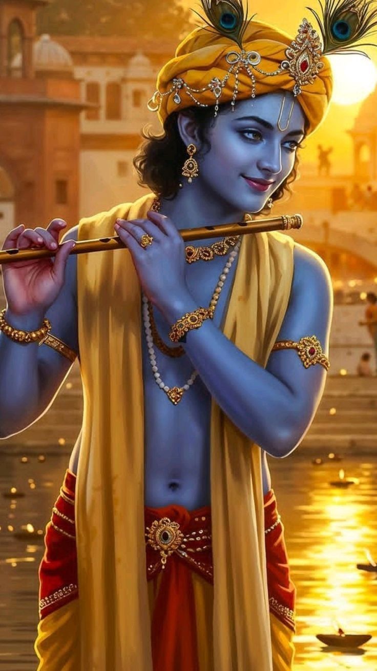 Krishna playing flute by the river