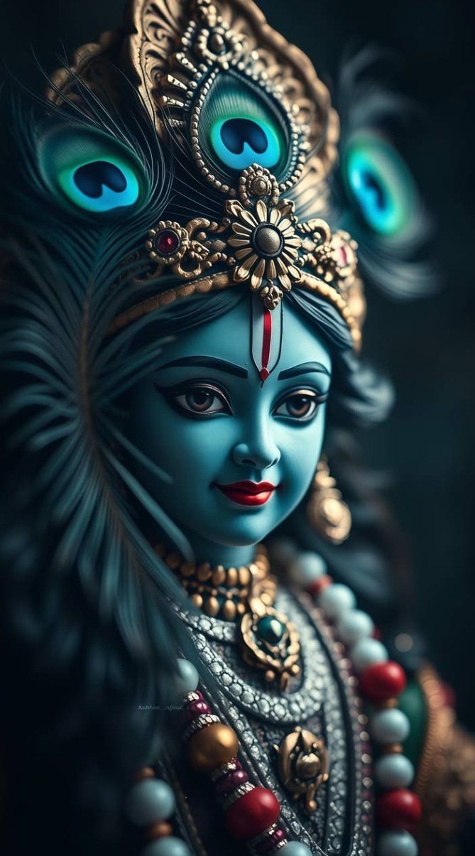 Blue-skinned Krishna with peacock feather crown