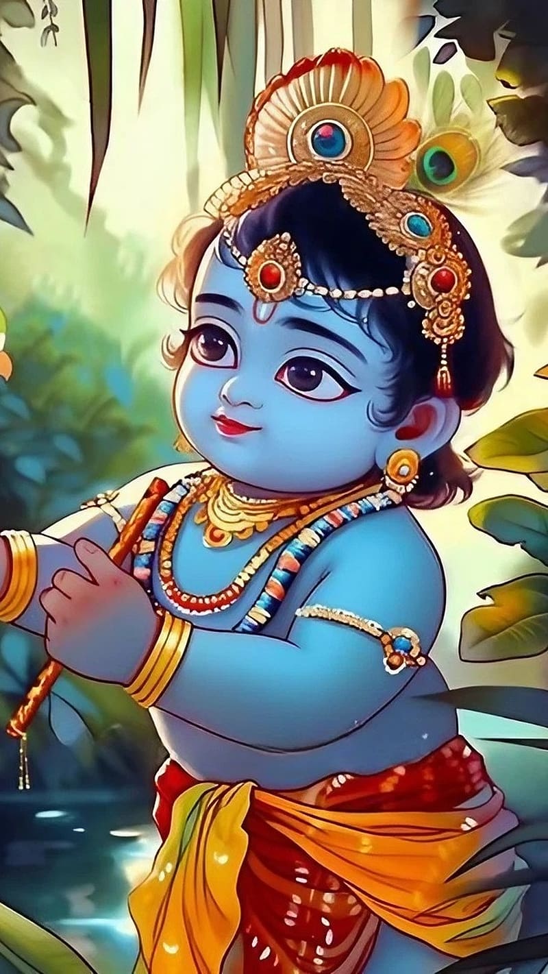 Baby Krishna with flute, devotional wallpaper