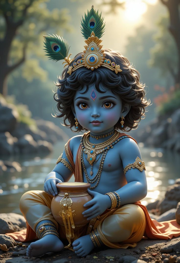 Baby Krishna with peacock feather and pot