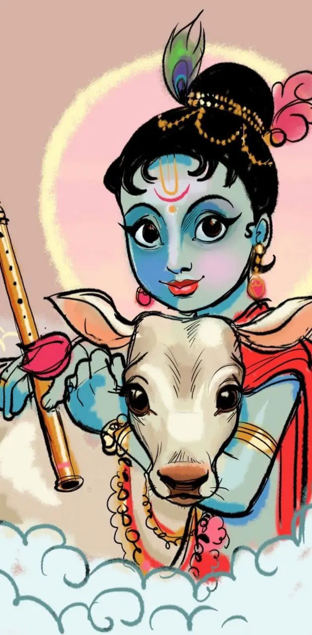 Young Krishna with flute and calf