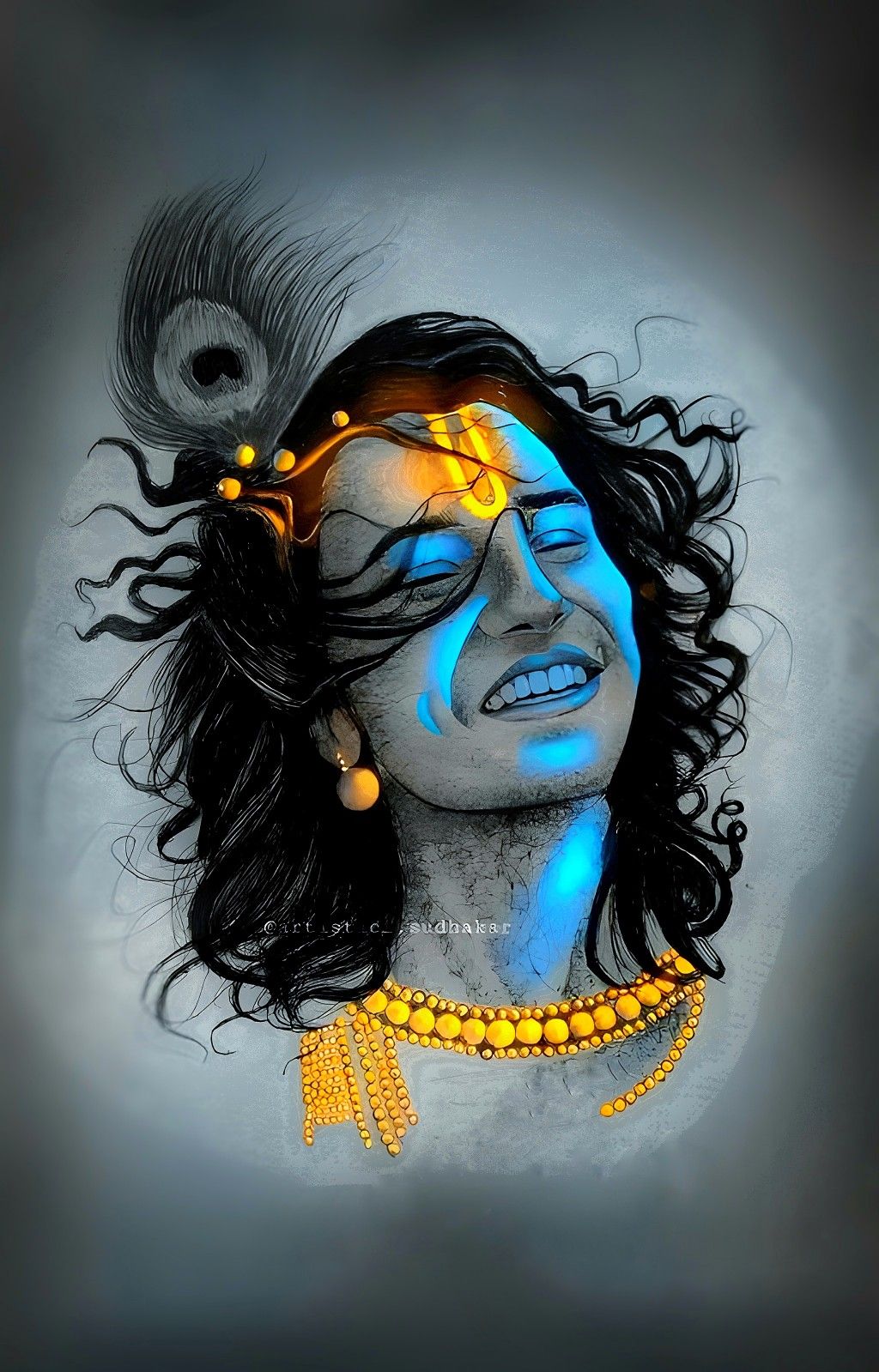 Krishna with peacock feather, peaceful portrait.