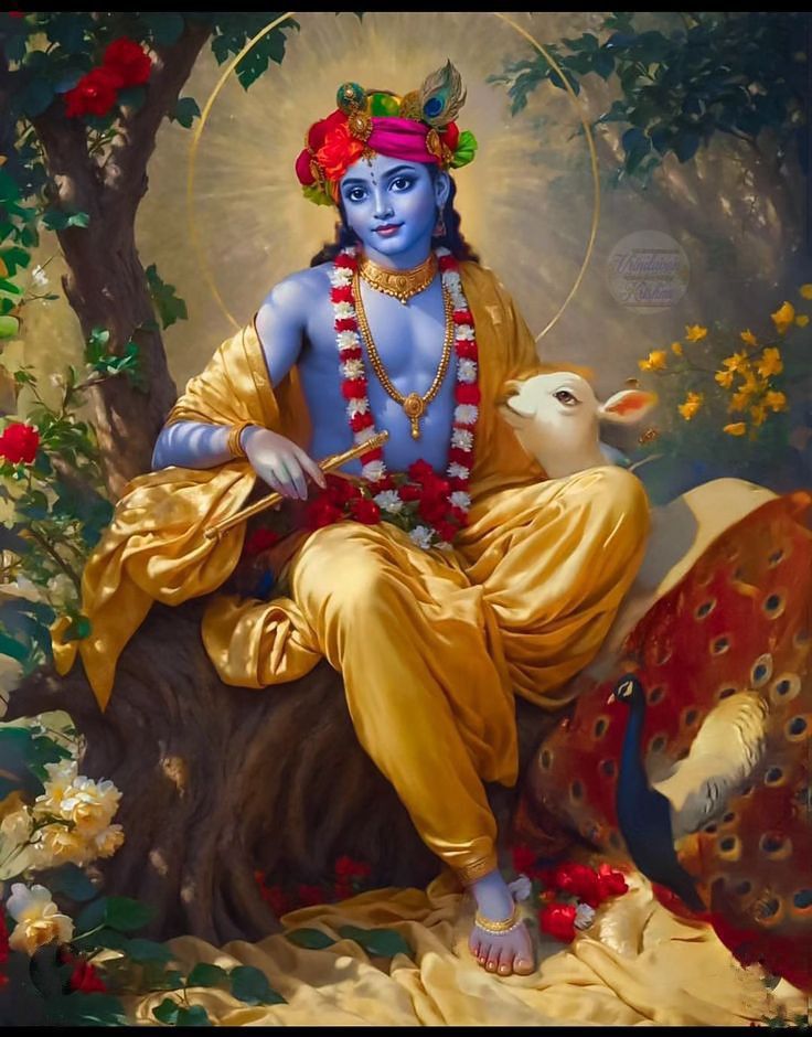 Lord Krishna playing flute with a cow.
