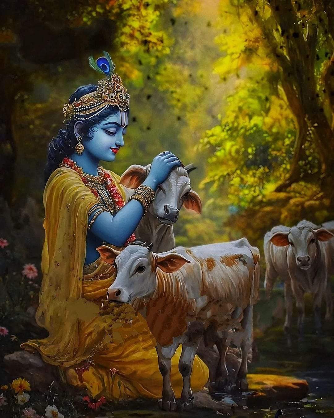 Krishna playing flute with his cows