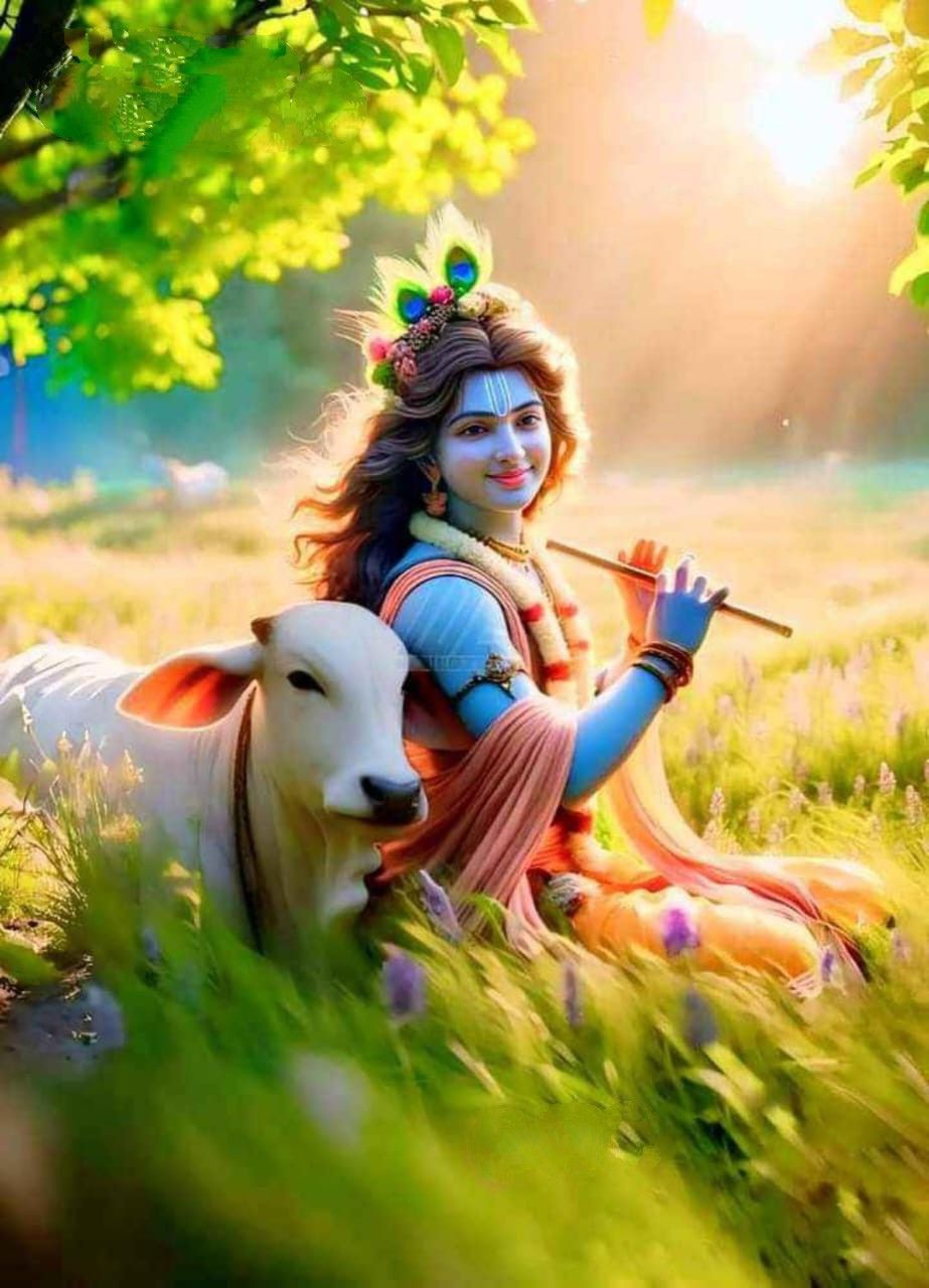 Krishna playing flute with a cow