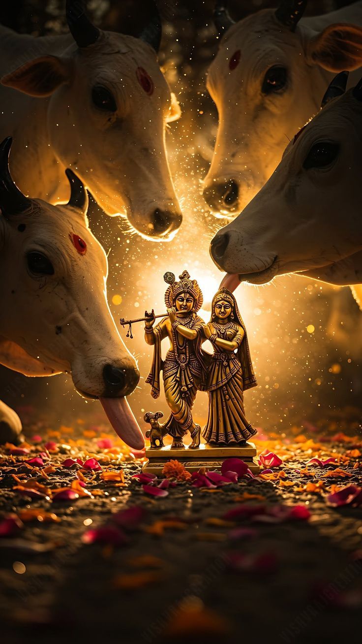 Krishna and Radha amidst sacred cows.