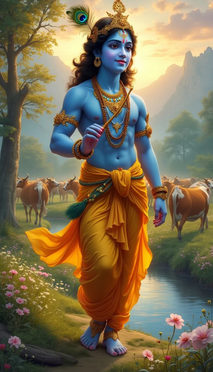 Krishna playing flute in a forest.