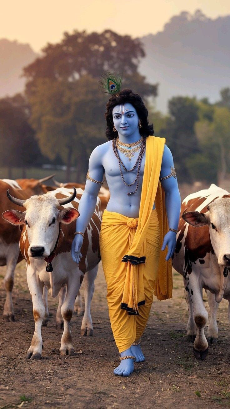 Krishna with cows in a forest