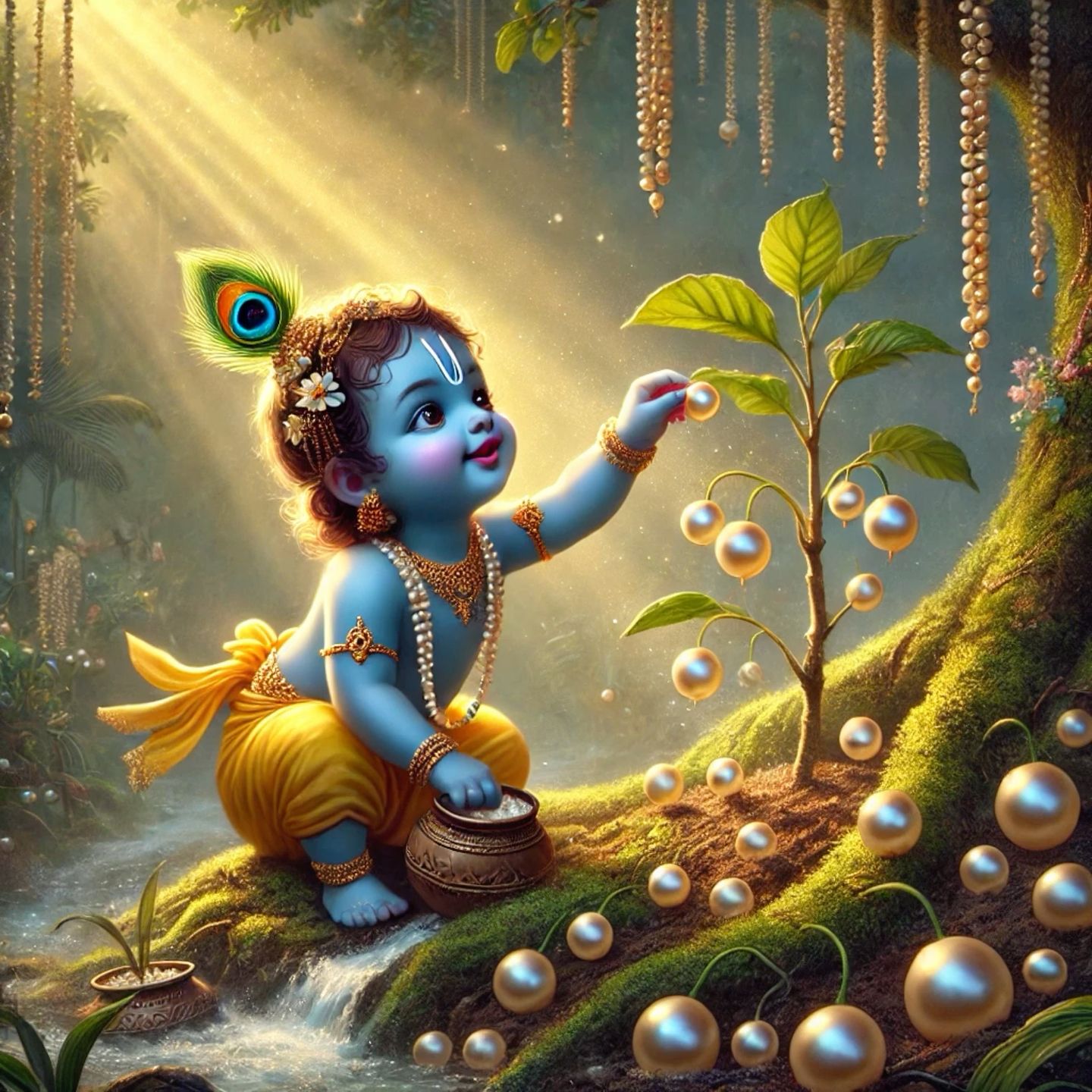 Little Krishna playing with pearls