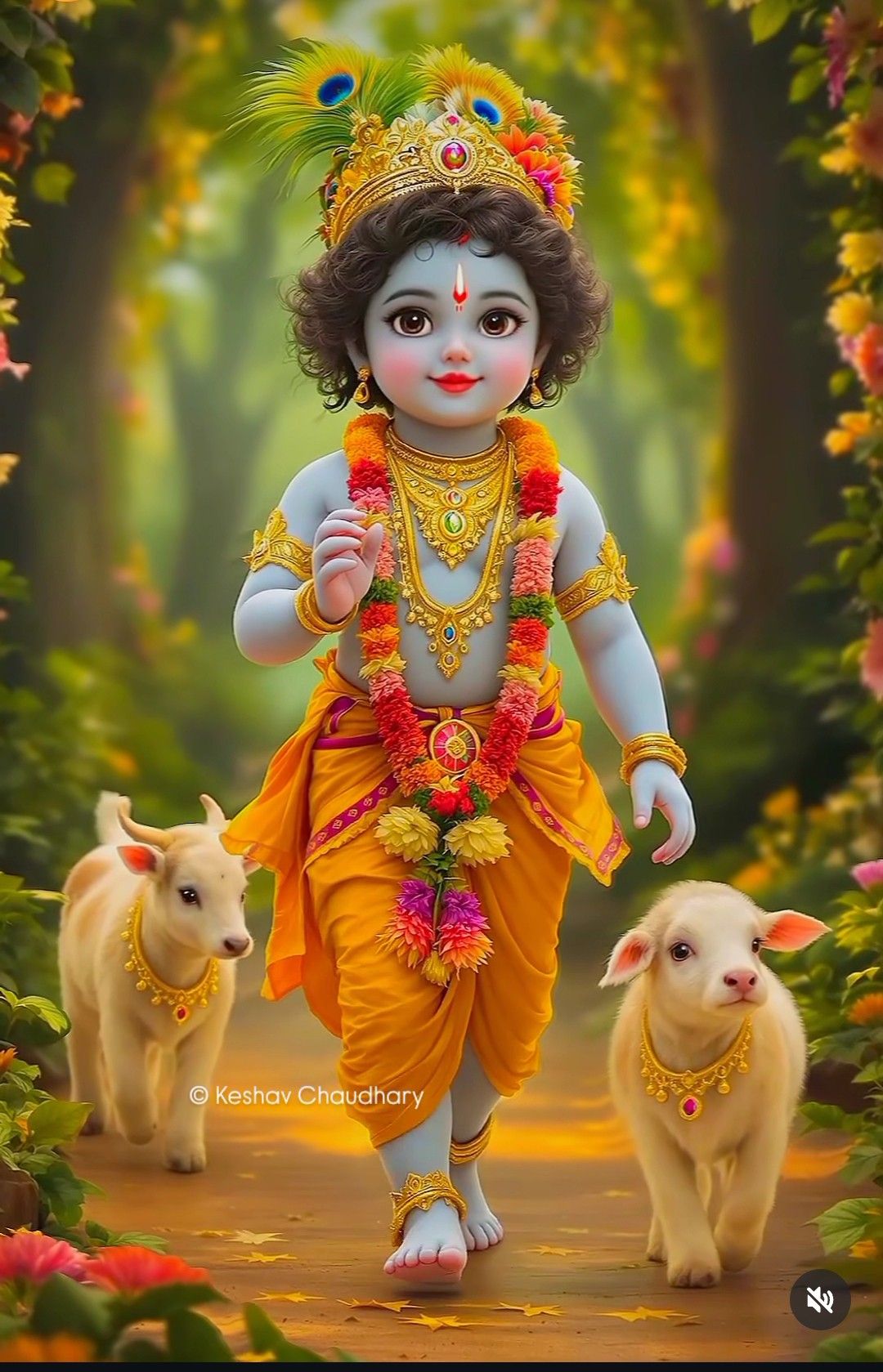Baby Krishna with calves and flute
