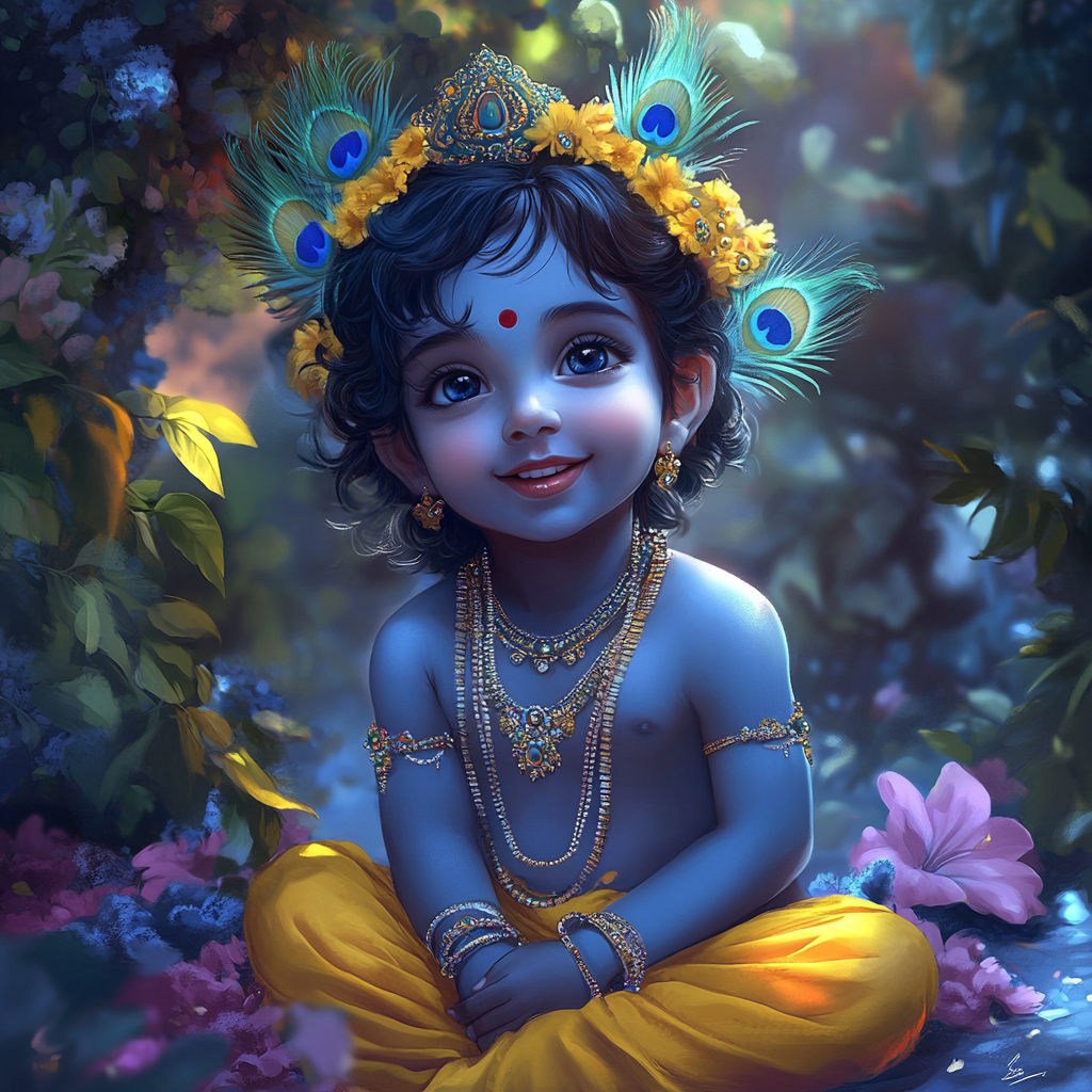 Adorable baby Krishna with peacock feather