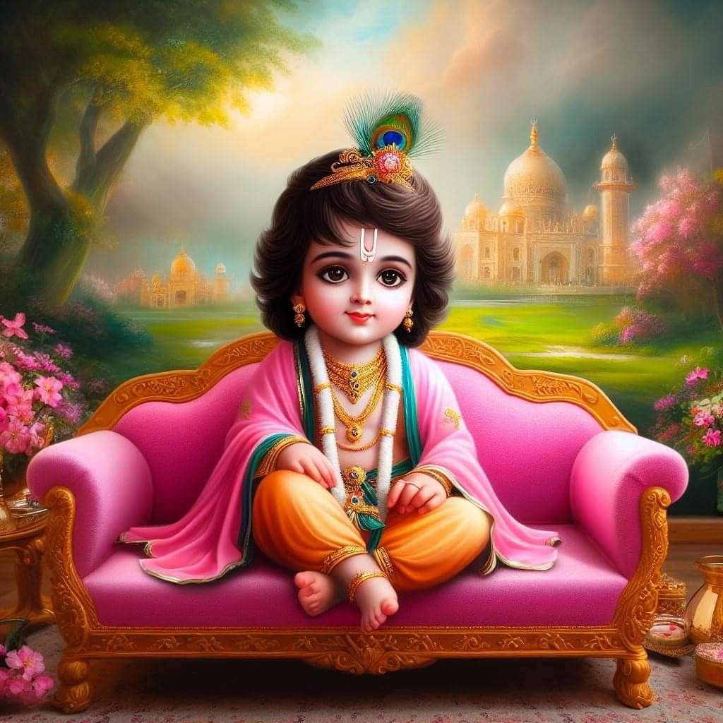 Baby Krishna sits on a pink sofa