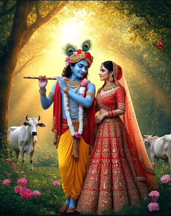 Krishna plays flute with Radha.