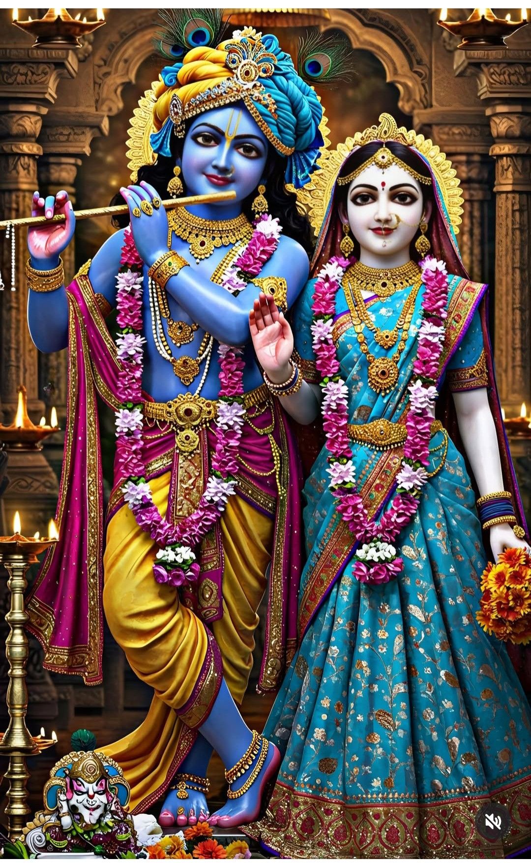 Krishna and Radha playing flute together.
