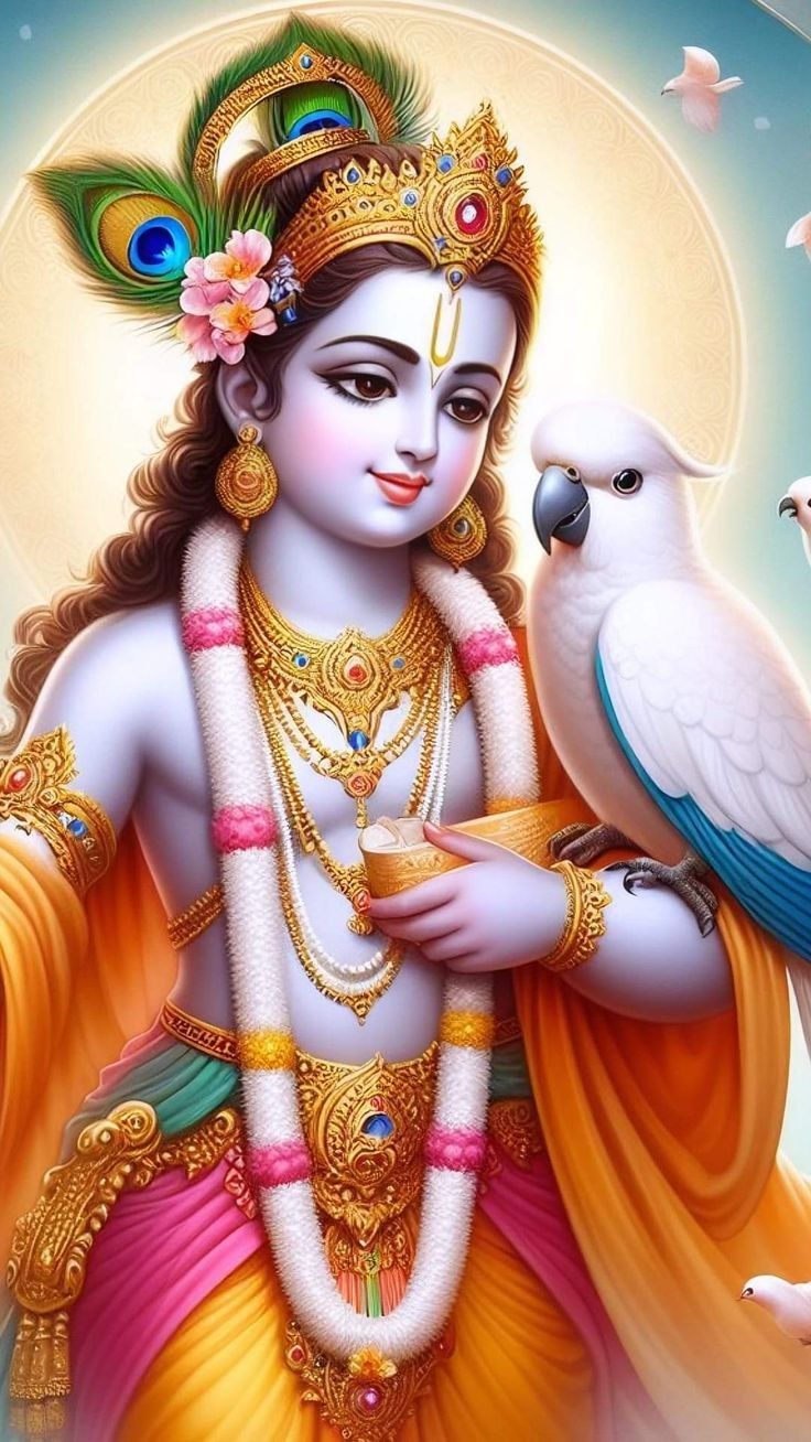 Lord Krishna with flute and parrot