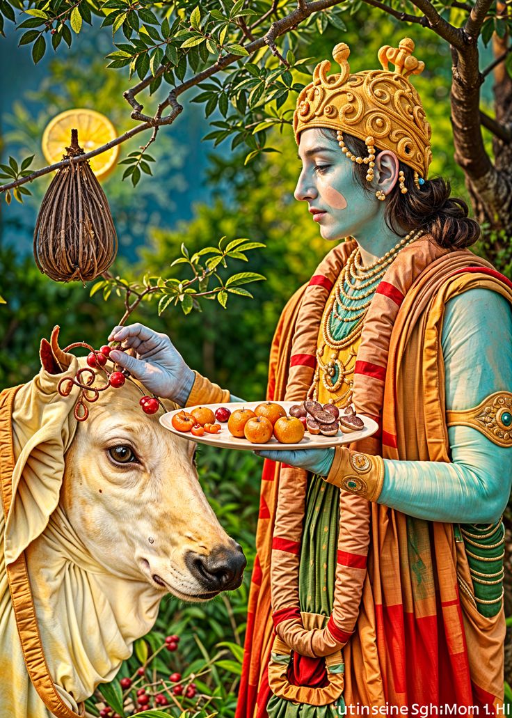 Krishna offering fruit to a cow
