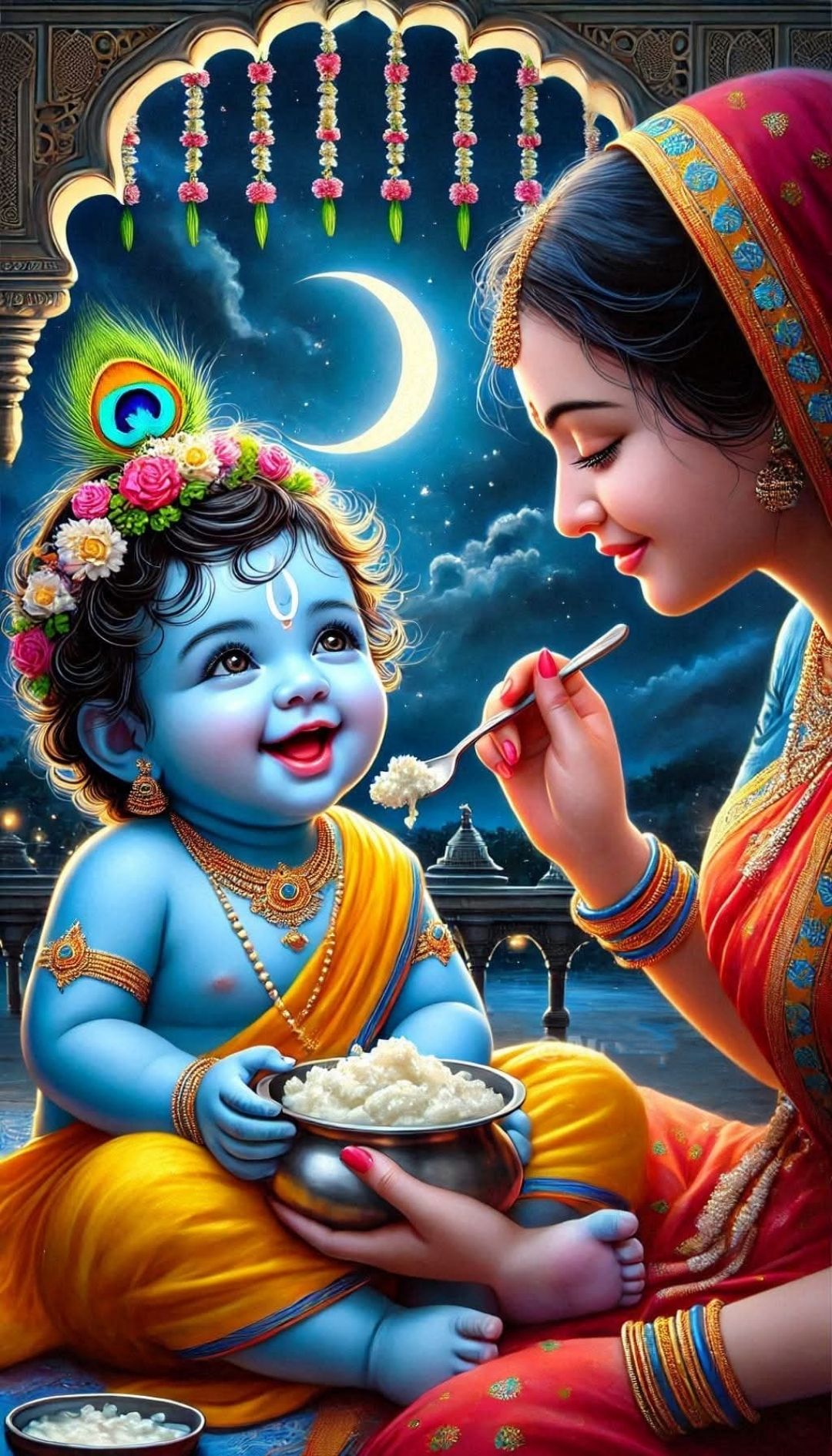 Baby Krishna being fed by Radha