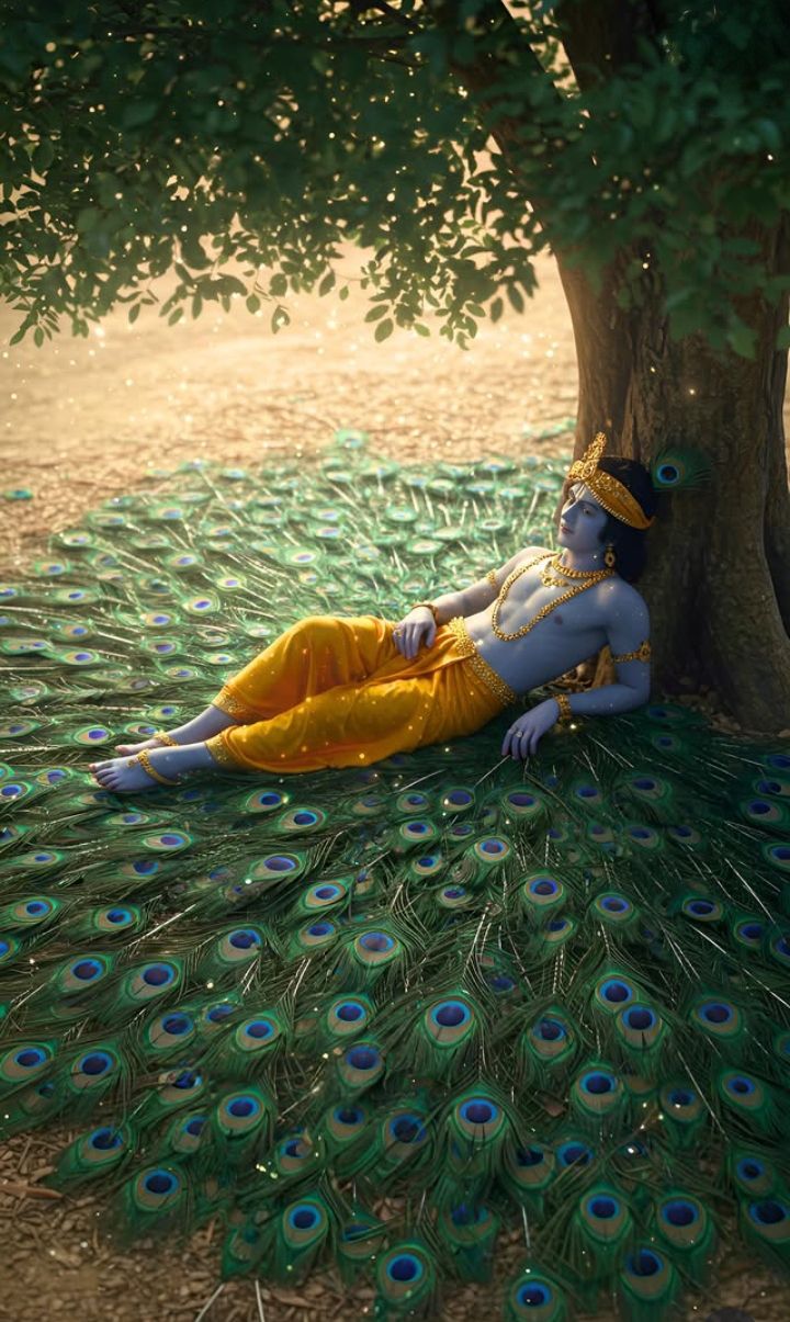 Krishna rests on peacock feathers