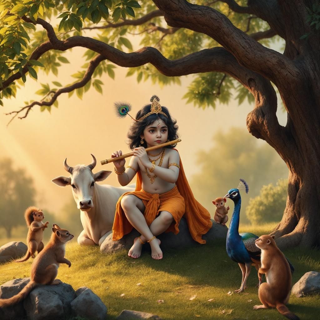 Krishna playing flute with forest friends