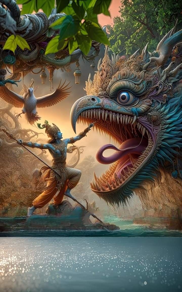 Krishna with Garuda fighting serpent
