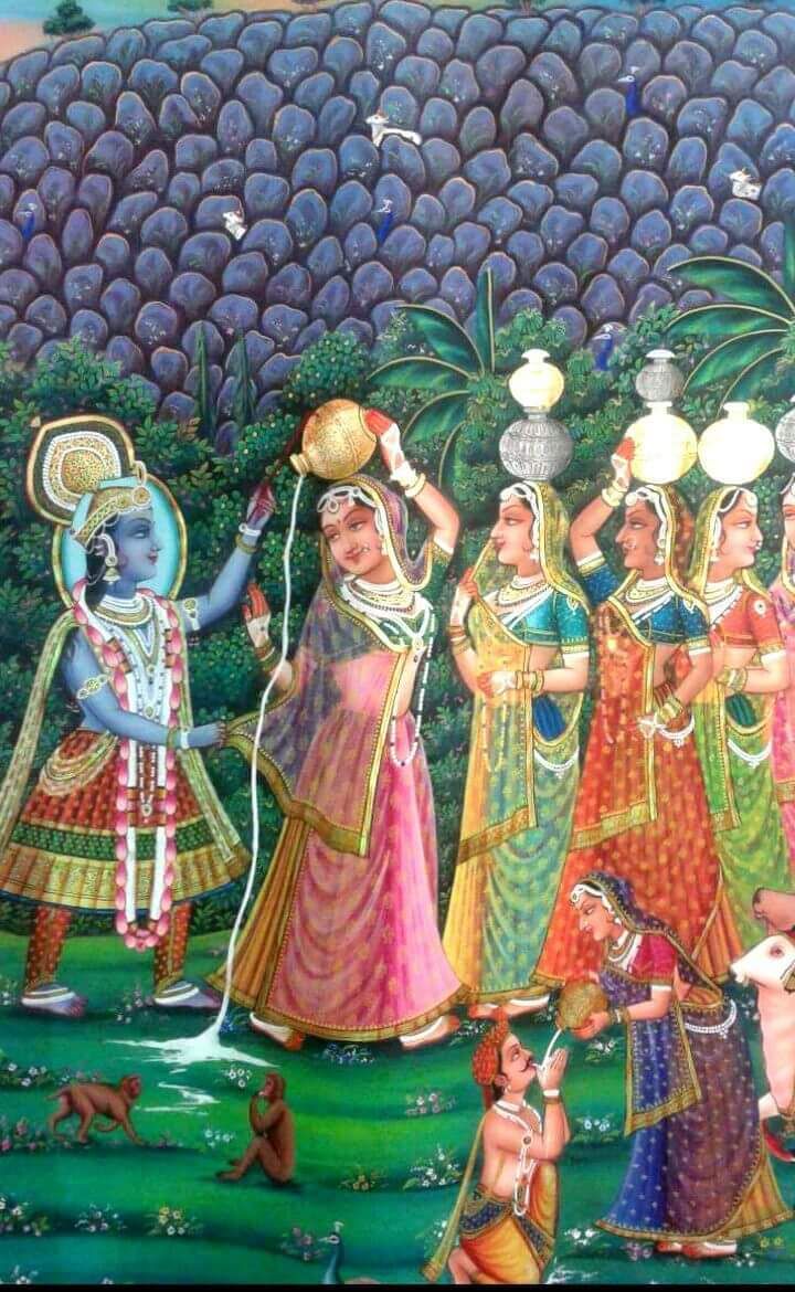 Krishna playfully splashes water with gopis