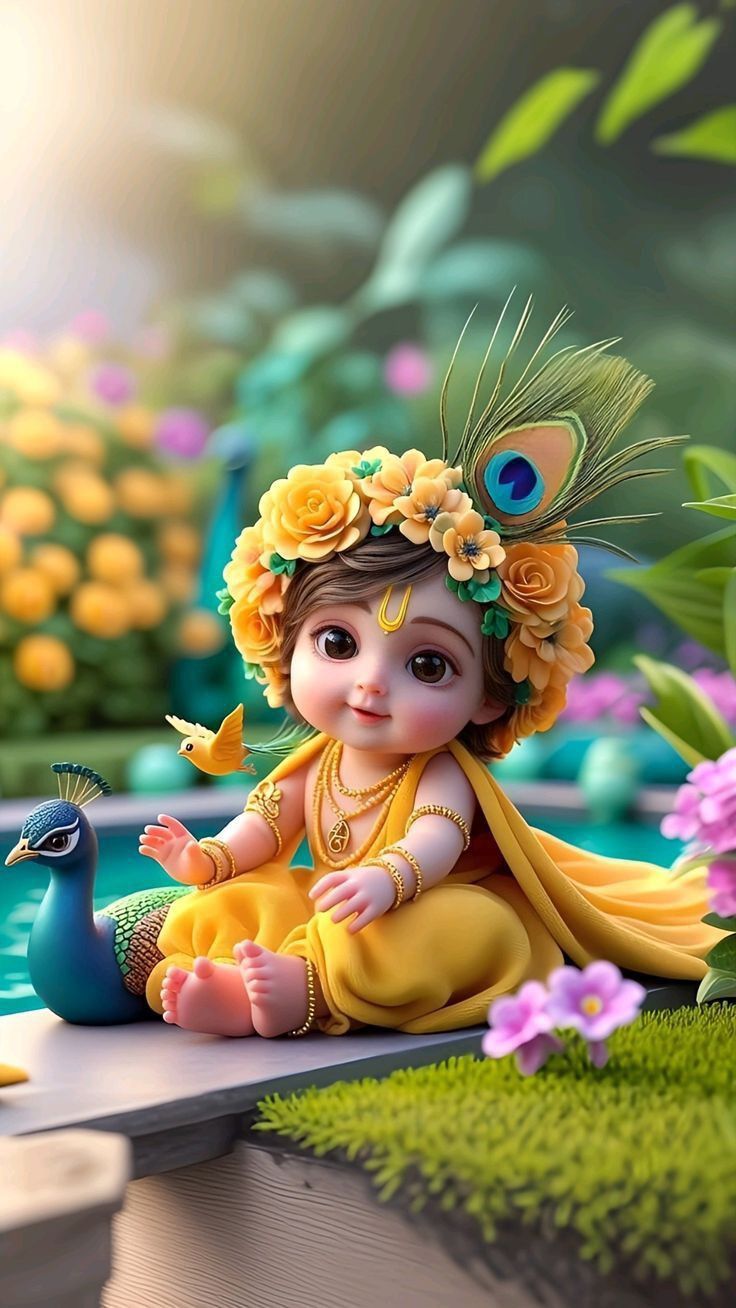 Baby Krishna with peacock and flowers