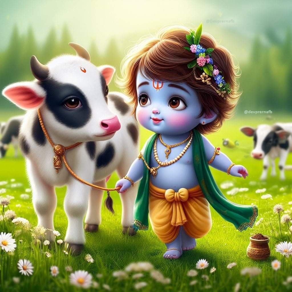 Little Krishna with a calf in field