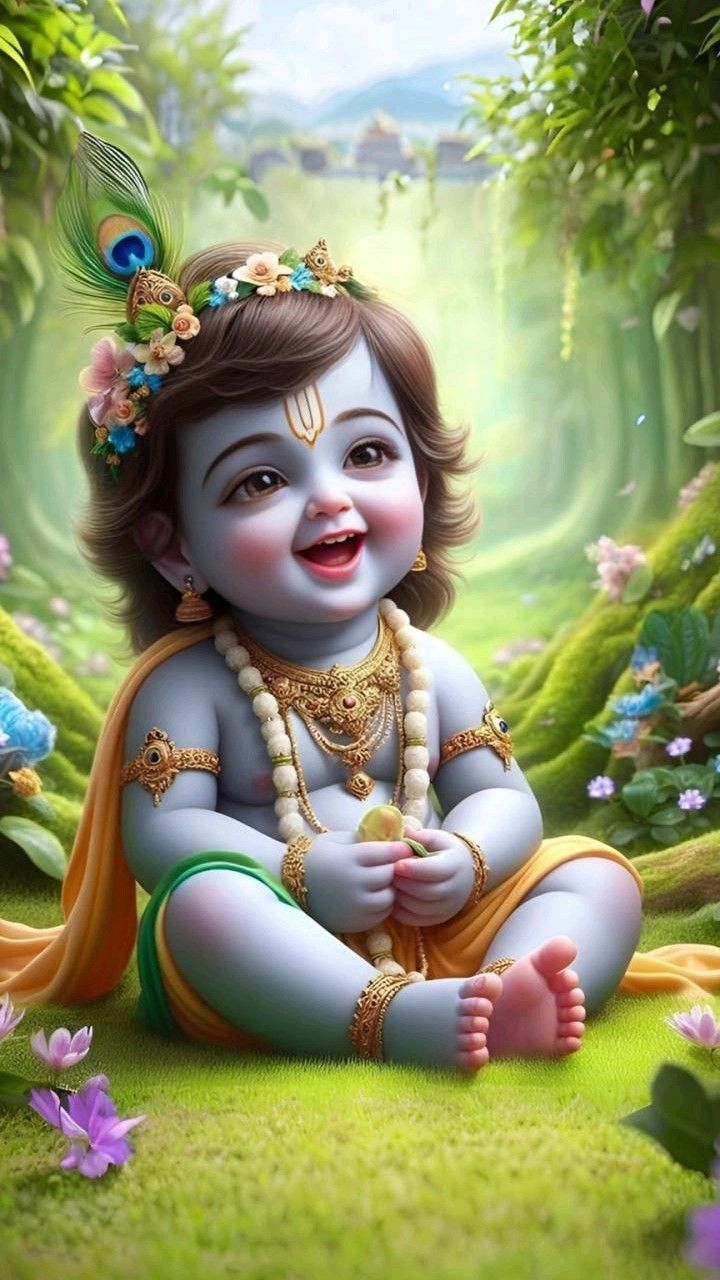 Smiling infant Krishna in a forest
