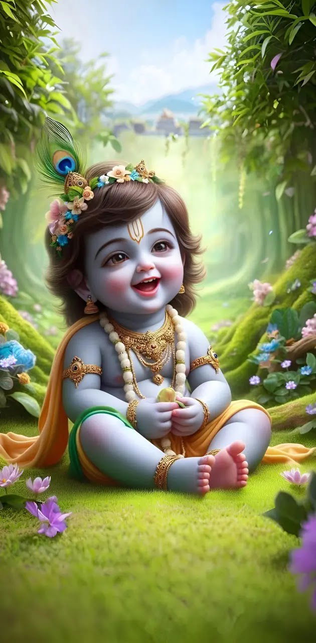 Smiling baby Krishna in a garden