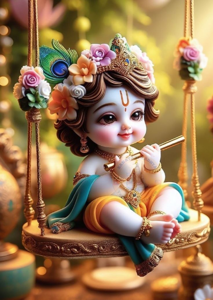 Baby Krishna swinging with a flute