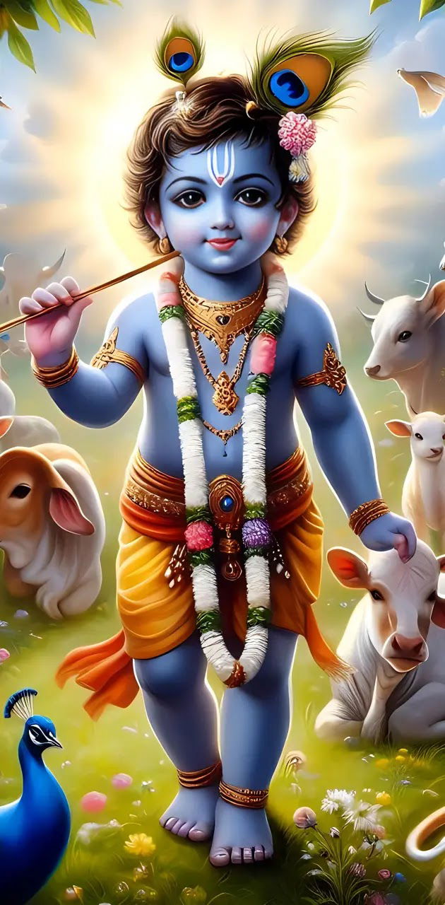 Baby Krishna playing flute with cows