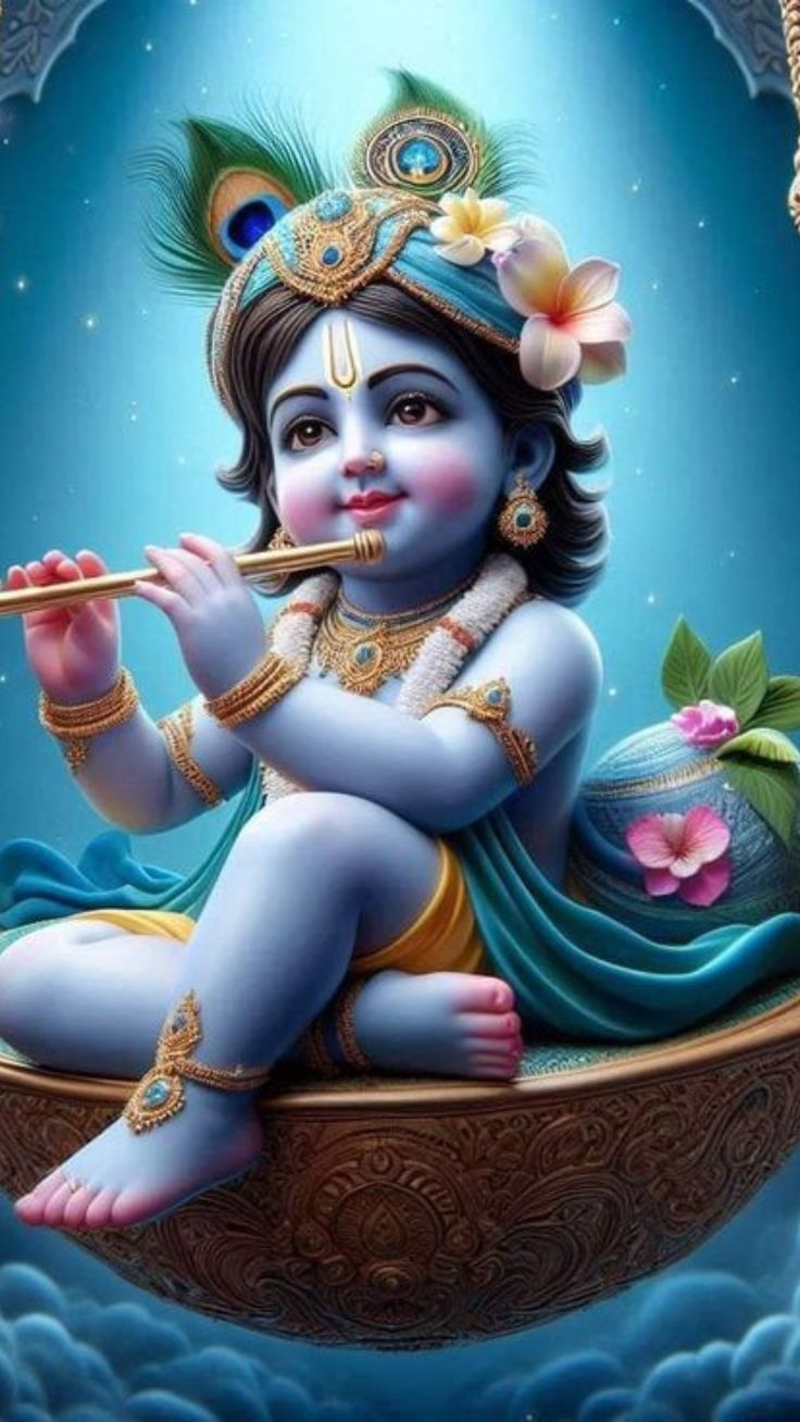 Baby Krishna playing flute divine wallpaper
