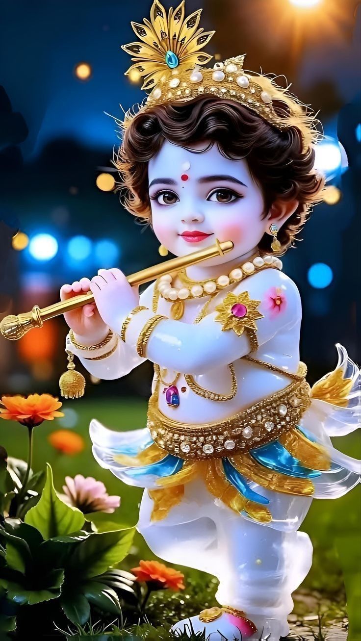Baby Krishna playing flute, divine image.
