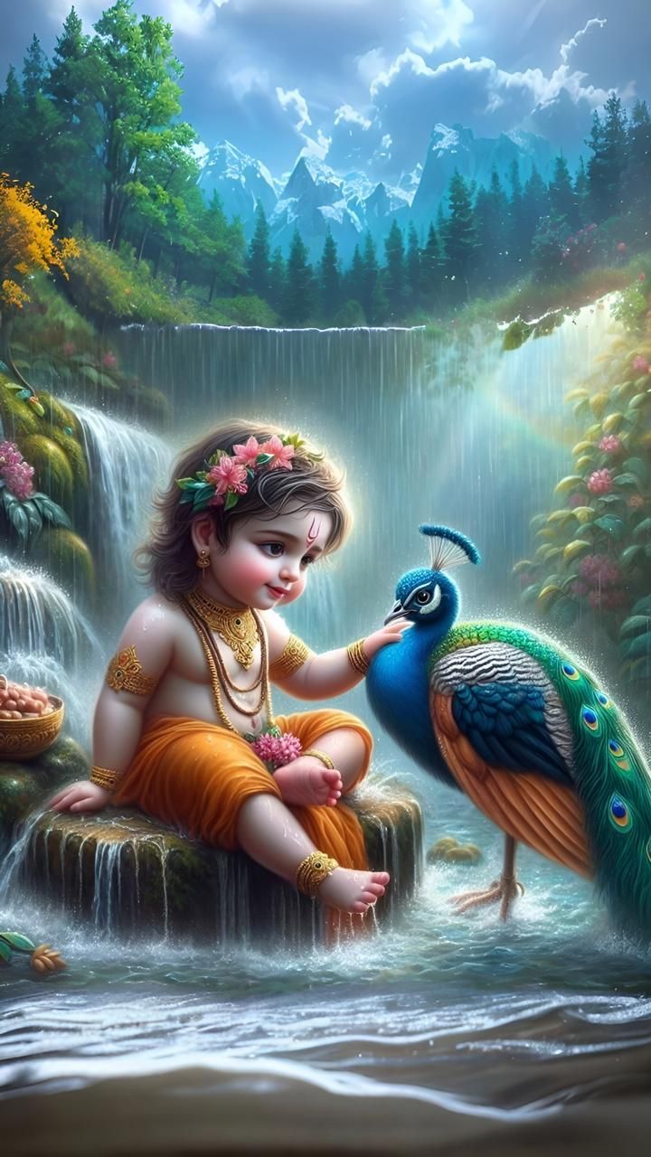 Baby Krishna with peacock near waterfall