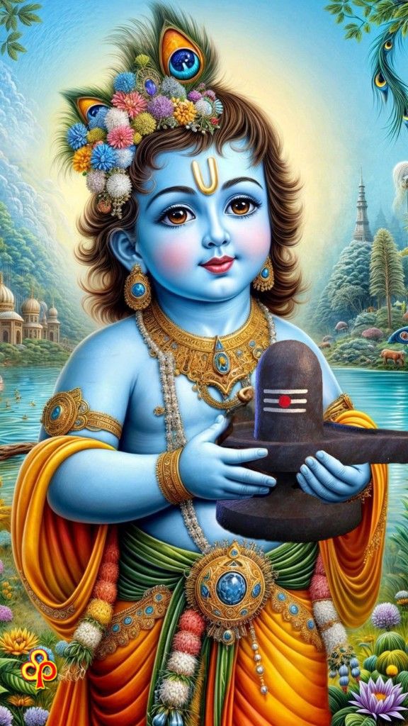 Baby Krishna holding a Shiva Lingam